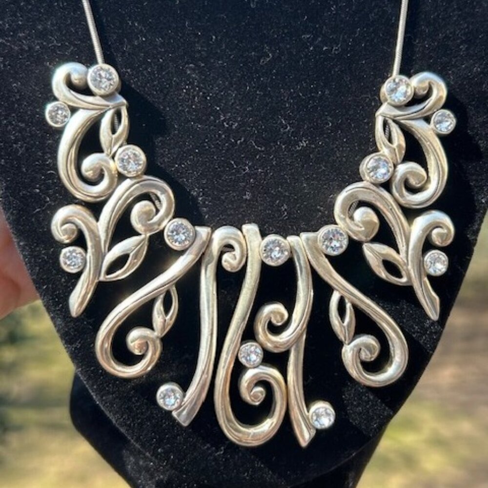 BRIGHTON CONCERTO Silver Scroll Crystal Collar Bib NECKLACE